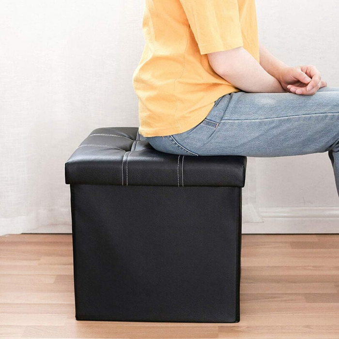 Taburet Pliabil cu Spatiu de Depozitare FizioTab®, Tip Cutie, Otoman, Piele ecologica, 38X38X38 cm, Negru, Cusaturi Albe [6]