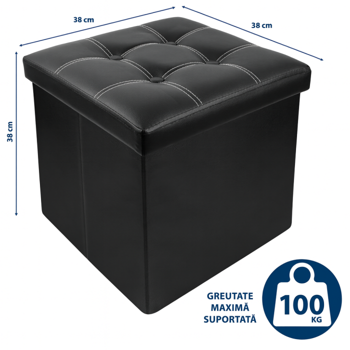 Taburet Pliabil cu Spatiu de Depozitare FizioTab®, Tip Cutie, Otoman, Piele ecologica, 38X38X38 cm, Negru, Cusaturi Albe [7]