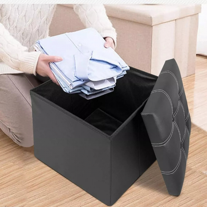 Taburet Pliabil cu Spatiu de Depozitare FizioTab®, Tip Cutie, Otoman, Piele ecologica, 38X38X38 cm, Negru, Cusaturi Albe [9]