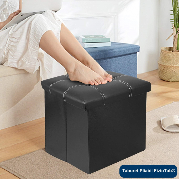 Taburet Pliabil cu Spatiu de Depozitare FizioTab®, Tip Cutie, Otoman, Piele ecologica, 38X38X38 cm, Negru, Cusaturi Albe [10]