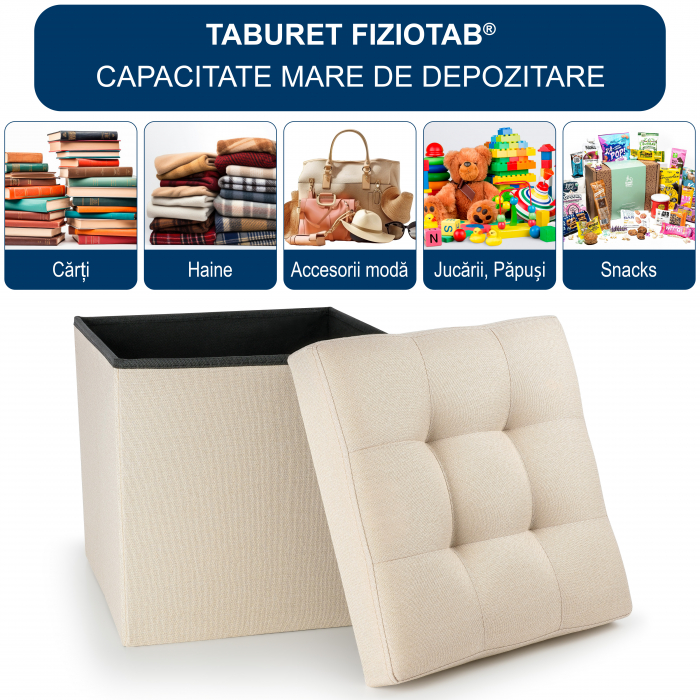 Taburet Pliabil cu Spatiu de Depozitare FizioTab®, Tip Cutie, Otoman, Textil, Cub 38X38X38 cm, Bej [2]