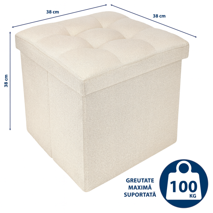 Taburet Pliabil cu Spatiu de Depozitare FizioTab®, Tip Cutie, Otoman, Textil, Cub 38X38X38 cm, Bej [4]