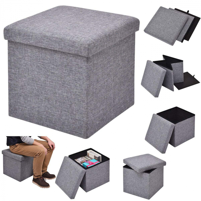 aburet Pliabil Textil cu Spatiu de Depozitare FizioTab®, Tip Cutie, Otoman, Culoare Gri, Cub 37X37X37 cm [8]
