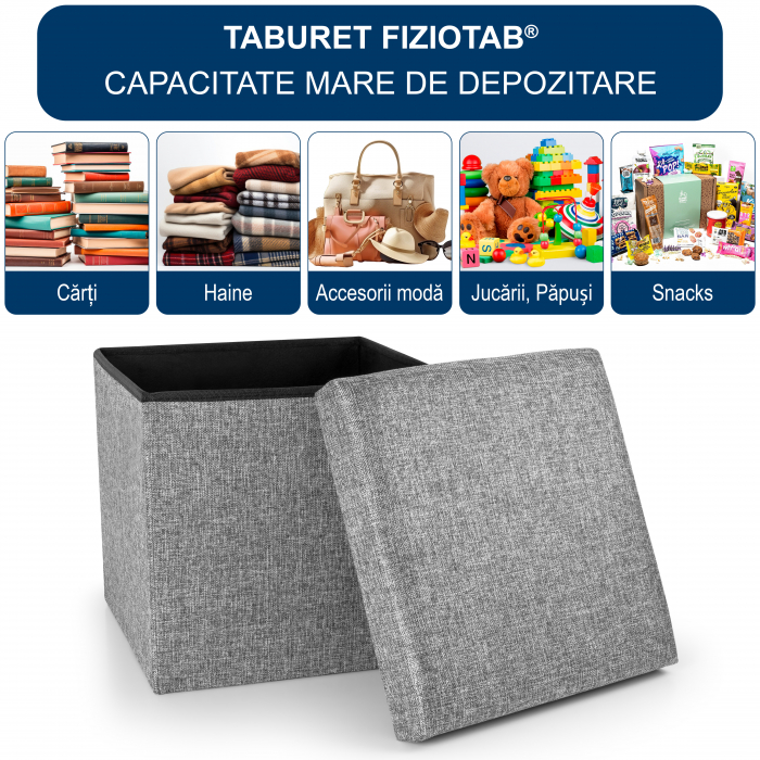 aburet Pliabil Textil cu Spatiu de Depozitare FizioTab®, Tip Cutie, Otoman, Culoare Gri, Cub 37X37X37 cm [2]