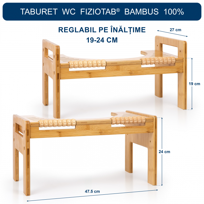 Taburet WC FizioTab® bambus, scaunel inaltator wc pentru pozitia corecta pe toaleta, inaltime reglabila, Maro [3]