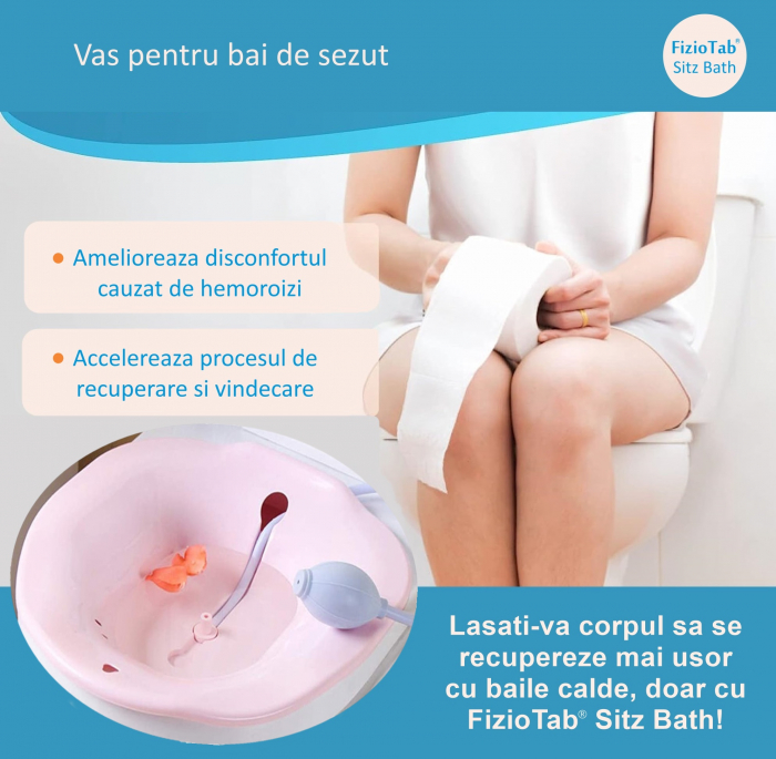 Vas FizioTab® Sitz Bath, pentru Baie de Sezut, tip Lighean pentru Wc, Asigura Igiena Locala si Ameliorarea Simptomelor Provocate de Hemoroizi, Carlig si Saculet Depozitare Incluse, Roz cu Irigator Reg [3]