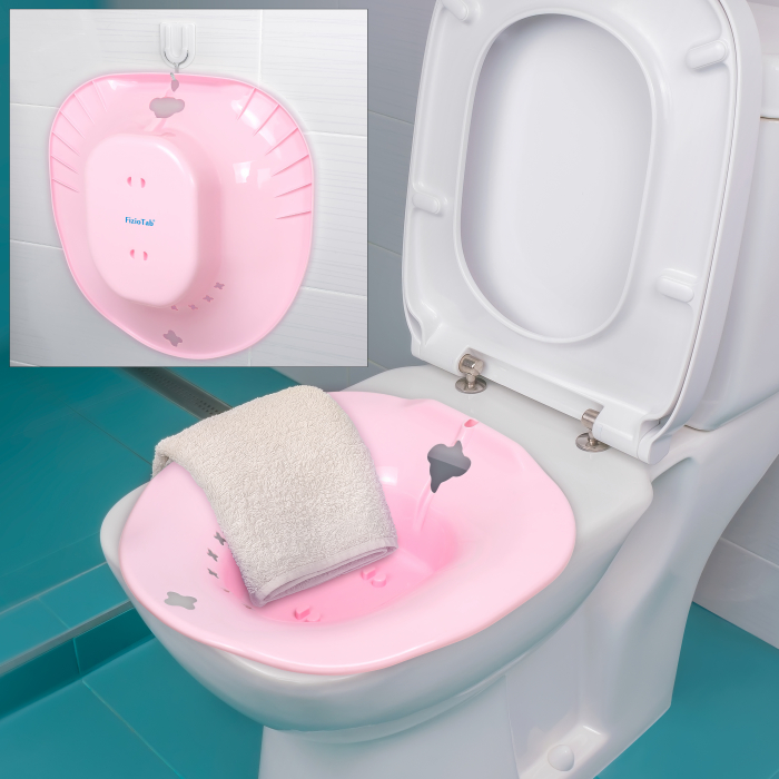 Vas FizioTab® Sitz Bath, pentru Baie de Sezut, tip Lighean pentru Wc, Asigura Igiena Locala si Ameliorarea Simptomelor Provocate de Hemoroizi, Carlig si Saculet Depozitare Incluse, Roz cu Irigator Reg [4]