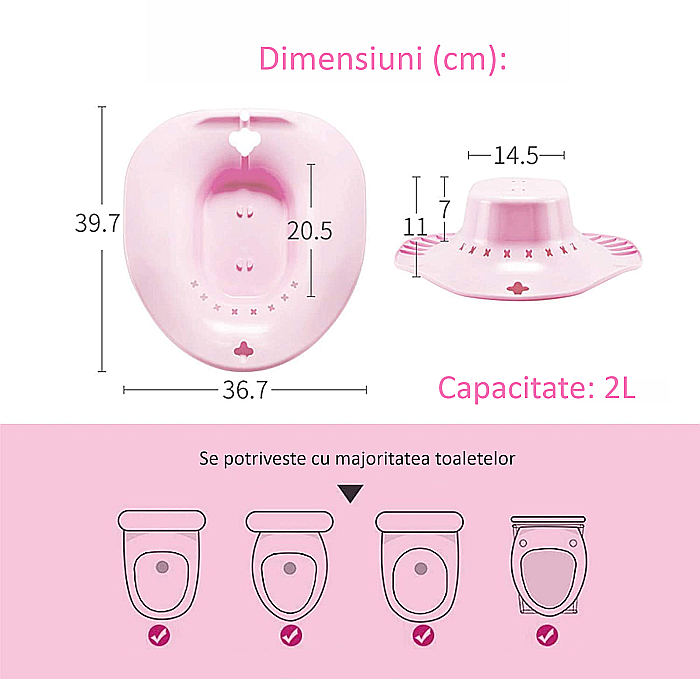Vas FizioTab® Sitz Bath, pentru Baie de Sezut, tip Lighean pentru Wc, Asigura Igiena Locala si Ameliorarea Simptomelor Provocate de Hemoroizi, Carlig si Saculet Depozitare Incluse, Roz cu Irigator Reg [9]