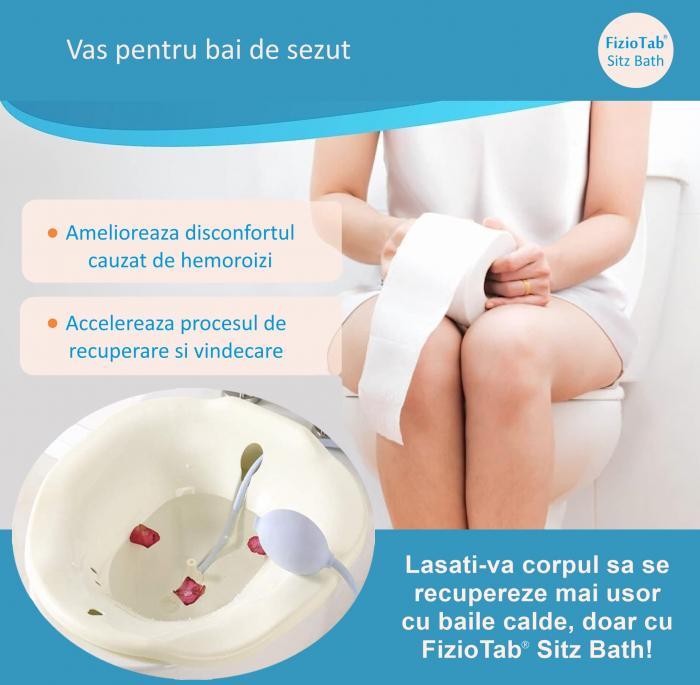 Vas FizioTab® Sitz Bath, pentru Bai de Sezut, tip Lighean pentru Wc, cu Irigator Reglabil, Asigura Igiena Locala si Ameliorarea Simptomelor Provocate de Hemoroizi, Carlig si Saculet Depozitare Incluse [3]