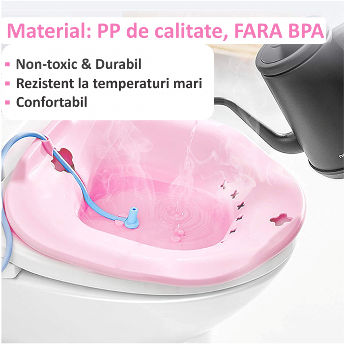 Vas FizioTab® Sitz Bath, pentru Baie de Sezut, tip Lighean pentru Wc, Asigura Igiena Locala si Ameliorarea Simptomelor Provocate de Hemoroizi, Carlig si Saculet Depozitare Incluse, Roz cu Irigator Reg [7]