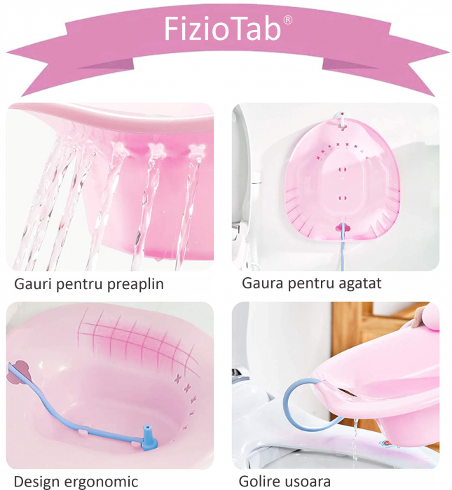 Vas FizioTab® Sitz Bath, pentru Baie de Sezut, tip Lighean pentru Wc, Asigura Igiena Locala si Ameliorarea Simptomelor Provocate de Hemoroizi, Carlig si Saculet Depozitare Incluse, Roz cu Irigator Reg [6]