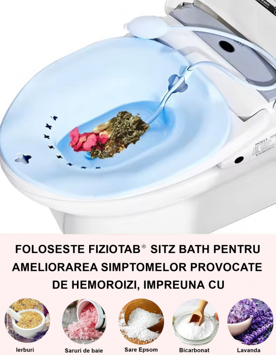 Vas FizioTab® Sitz Bath, pentru Baie de Sezut, tip Lighean pentru Wc, cu Irigator Reglabil, Asigura Igiena Locala si Ameliorarea Simptomelor Provocate de Hemoroizi, Carlig si Saculet Depozitare Inclus [9]