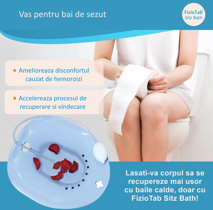 Vas FizioTab® Sitz Bath, pentru Baie de Sezut, tip Lighean pentru Wc, cu Irigator Reglabil, Asigura Igiena Locala si Ameliorarea Simptomelor Provocate de Hemoroizi, Carlig si Saculet Depozitare Inclus [3]