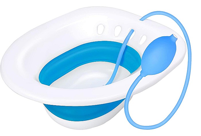 Vas FizioTab® Sitz Bath Pliabil, pentru Baie de Sezut, Asigura Igiena Locala si Ameliorarea Simptomelor Provocate de Hemoroizi, Carlig si Saculet Depozitare Incluse, Alb/Albastru cu Irigator Albastru [9]