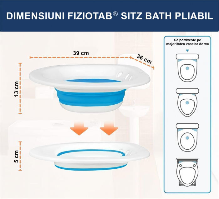 Vas FizioTab® Sitz Bath Pliabil, pentru Baie de Sezut, Asigura Igiena Locala si Ameliorarea Simptomelor Provocate de Hemoroizi, Carlig si Saculet Depozitare Incluse, Alb/Albastru cu Irigator Albastru [8]