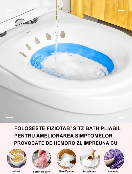 Vas FizioTab® Sitz Bath Pliabil, pentru Baie de Sezut, Asigura Igiena Locala si Ameliorarea Simptomelor Provocate de Hemoroizi, Carlig si Saculet Depozitare Incluse, Alb/Albastru cu Irigator Albastru [4]
