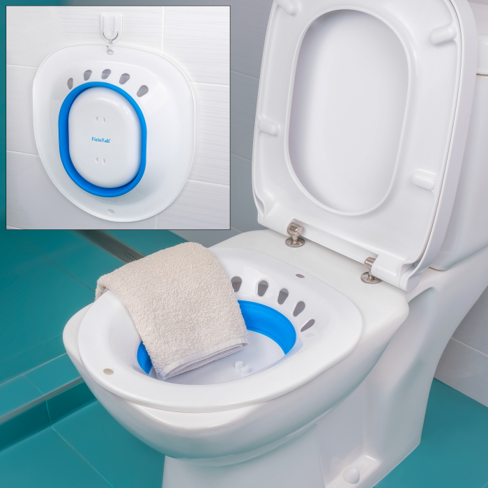 Vas FizioTab® Sitz Bath Pliabil, pentru Baie de Sezut, Asigura Igiena Locala si Ameliorarea Simptomelor Provocate de Hemoroizi, Carlig si Saculet Depozitare Incluse, Alb/Albastru cu Irigator Albastru [6]