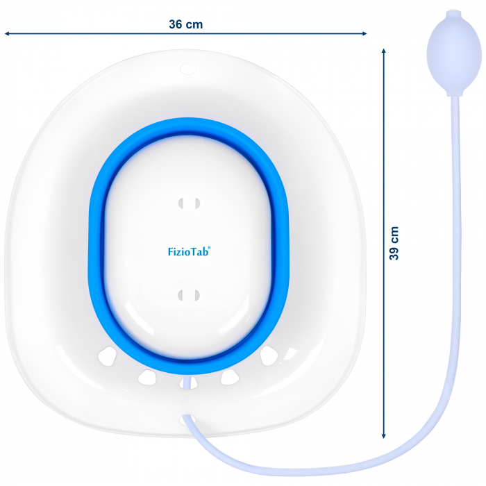 Vas FizioTab® Sitz Bath Pliabil, pentru Baie de Sezut, Asigura Igiena Locala si Ameliorarea Simptomelor Provocate de Hemoroizi, Carlig si Saculet Depozitare Incluse, Alb/Albastru cu Irigator Albastru [2]