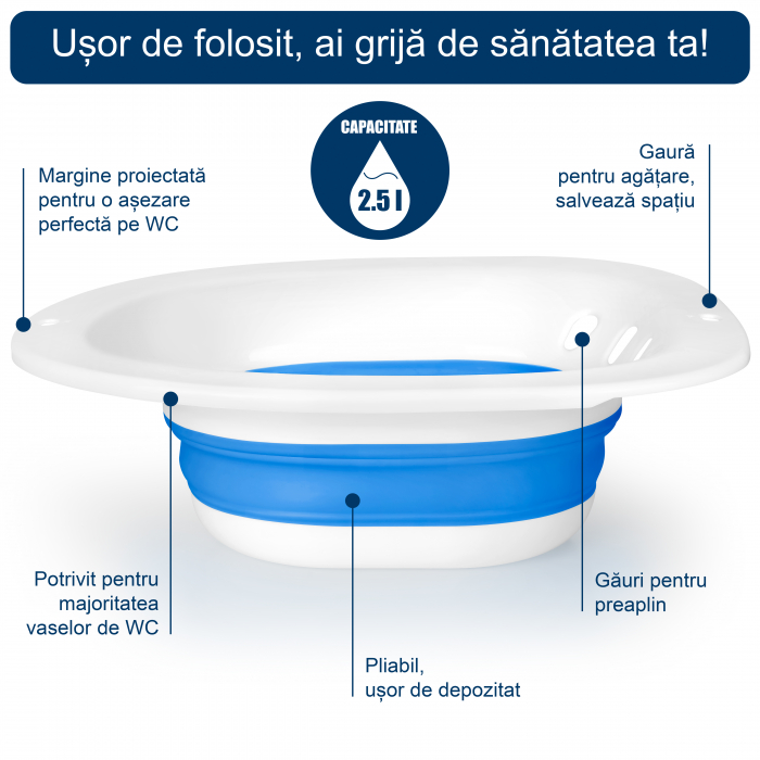 Vas FizioTab® Sitz Bath Pliabil, pentru Baie de Sezut, Asigura Igiena Locala si Ameliorarea Simptomelor Provocate de Hemoroizi, Carlig si Saculet Depozitare Incluse, Alb/Albastru cu Irigator Albastru [5]