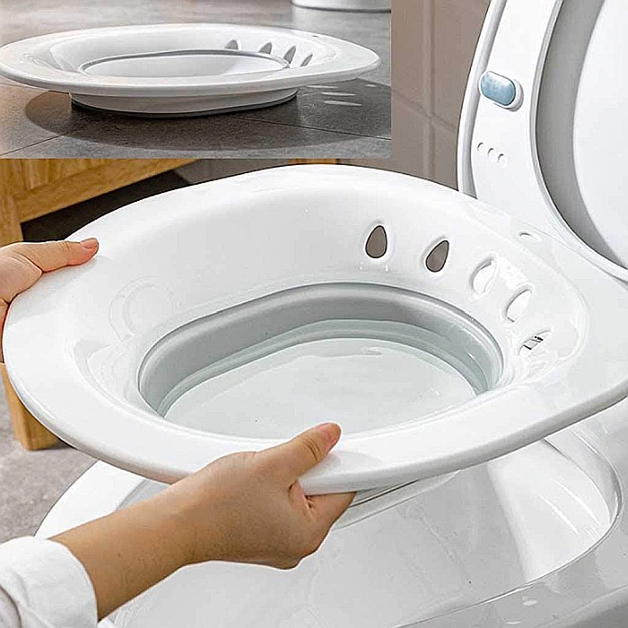 Vas FizioTab® Sitz Bath Pliabil, pentru Baie de Sezut, tip Lighean pentru Wc, Asigura Igiena Locala si Ameliorarea Simptomelor Provocate de Hemoroizi, Carlig si Saculet Depozitare Incluse, Alb/Gri cu [6]