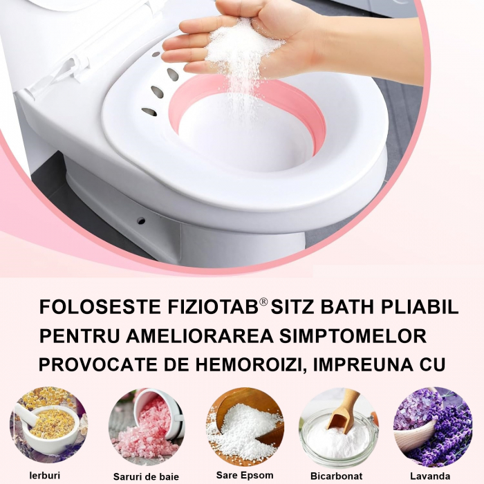 Vas FizioTab® Sitz Bath Pliabil, pentru Baie de Sezut, Asigura Igiena Locala si Ameliorarea Simptomelor Provocate de Hemoroizi, Carlig si Saculet Depozitare Incluse, Alb/Roz cu Irigator Albastru [5]