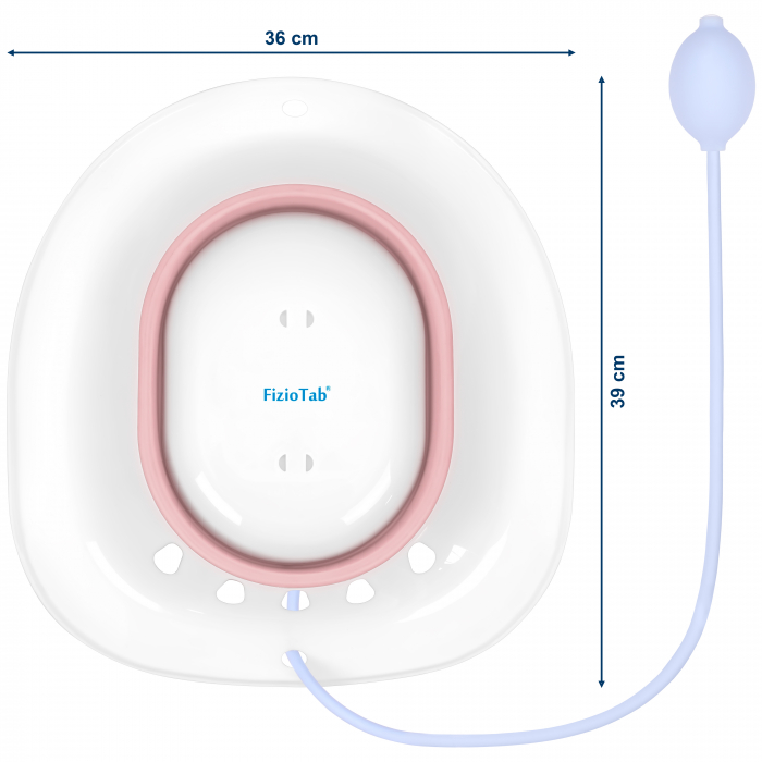 Vas FizioTab® Sitz Bath Pliabil, pentru Baie de Sezut, Asigura Igiena Locala si Ameliorarea Simptomelor Provocate de Hemoroizi, Carlig si Saculet Depozitare Incluse, Alb/Roz cu Irigator Albastru [2]