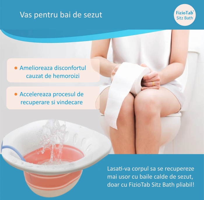 Vas FizioTab® Sitz Bath Pliabil, pentru Baie de Sezut, Asigura Igiena Locala si Ameliorarea Simptomelor Provocate de Hemoroizi, Carlig si Saculet Depozitare Incluse, Alb/Roz cu Irigator Albastru [3]