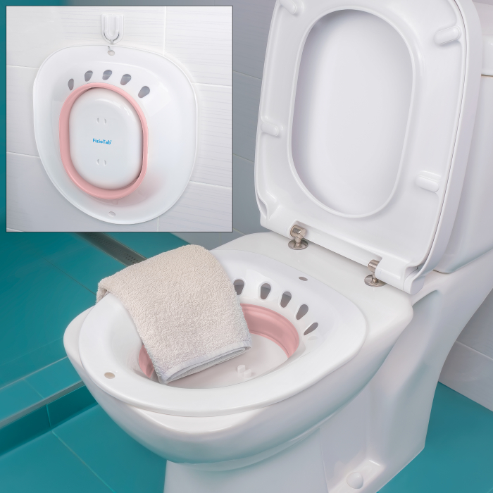 Vas FizioTab® Sitz Bath Pliabil, pentru Baie de Sezut, Asigura Igiena Locala si Ameliorarea Simptomelor Provocate de Hemoroizi, Carlig si Saculet Depozitare Incluse, Alb/Roz cu Irigator Albastru [8]