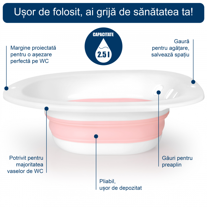 Vas FizioTab® Sitz Bath Pliabil, pentru Baie de Sezut, Asigura Igiena Locala si Ameliorarea Simptomelor Provocate de Hemoroizi, Carlig si Saculet Depozitare Incluse, Alb/Roz cu Irigator Albastru [4]