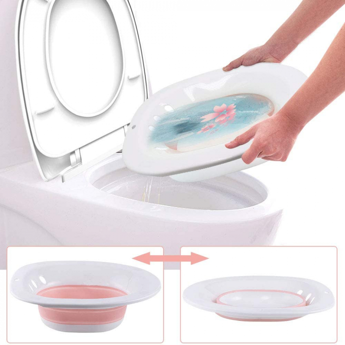 Vas FizioTab® Sitz Bath Pliabil, pentru Baie de Sezut, Asigura Igiena Locala si Ameliorarea Simptomelor Provocate de Hemoroizi, Carlig si Saculet Depozitare Incluse, Alb/Roz cu Irigator Albastru [10]