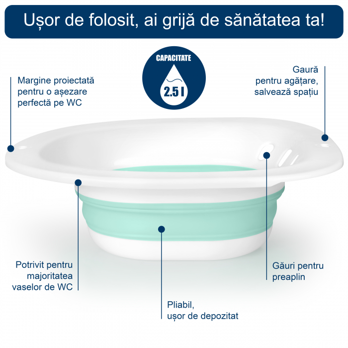 Vas FizioTab® Sitz Bath Pliabil, pentru Baie de Sezut, tip Lighean pentru Wc, Asigura Igiena Locala si Ameliorarea Simptomelor Locale Provocate de Hemoroizi, Alb/Verde cu Irigator Reglabil Albastru [4]