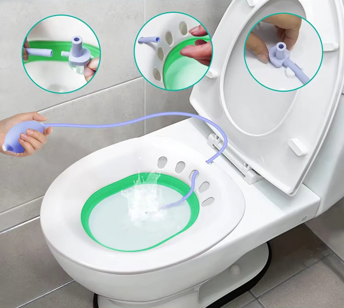 Vas FizioTab® Sitz Bath Pliabil, pentru Baie de Sezut, tip Lighean pentru Wc, Asigura Igiena Locala si Ameliorarea Simptomelor Locale Provocate de Hemoroizi, Alb/Verde cu Irigator Reglabil Albastru [7]