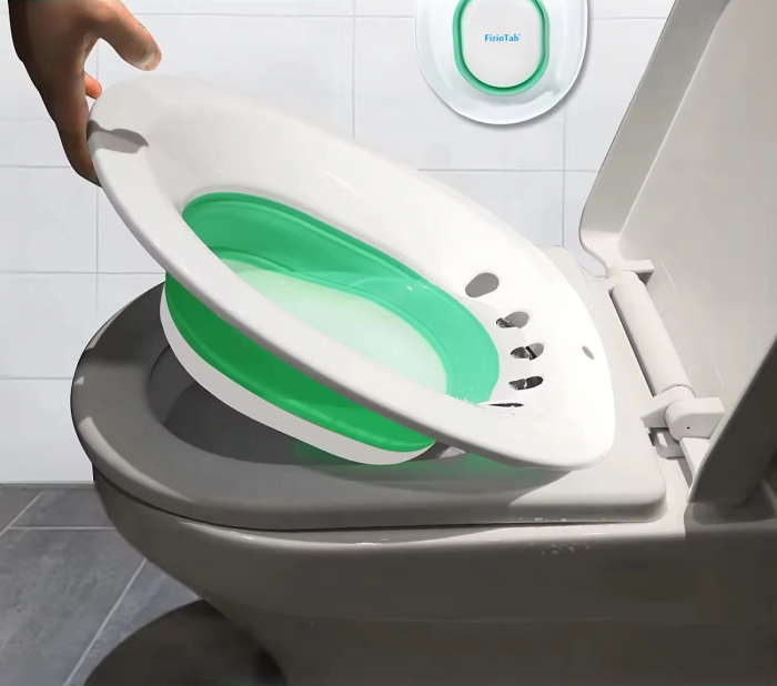 Vas FizioTab® Sitz Bath Pliabil, pentru Baie de Sezut, tip Lighean pentru Wc, Asigura Igiena Locala si Ameliorarea Simptomelor Locale Provocate de Hemoroizi, Alb/Verde cu Irigator Reglabil Albastru [9]