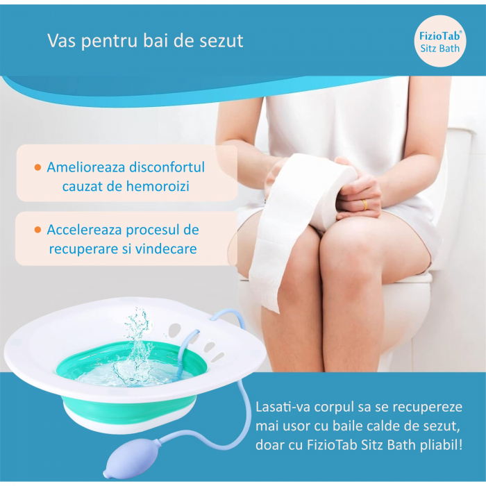 Vas FizioTab® Sitz Bath Pliabil, pentru Baie de Sezut, tip Lighean pentru Wc, Asigura Igiena Locala si Ameliorarea Simptomelor Locale Provocate de Hemoroizi, Alb/Verde cu Irigator Reglabil Albastru [3]