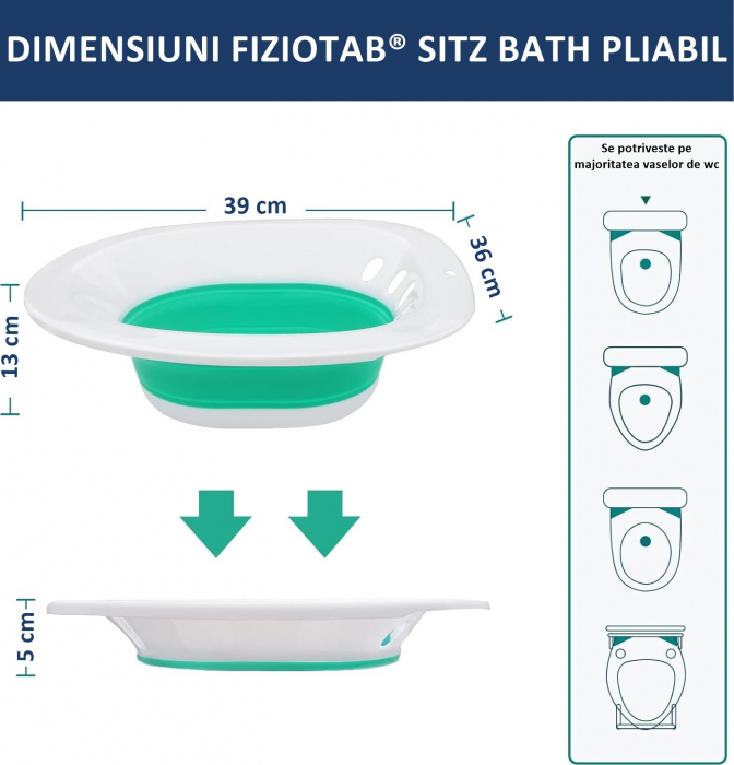 Vas FizioTab® Sitz Bath Pliabil, pentru Baie de Sezut, tip Lighean pentru Wc, Asigura Igiena Locala si Ameliorarea Simptomelor Locale Provocate de Hemoroizi, Alb/Verde cu Irigator Reglabil Albastru [10]