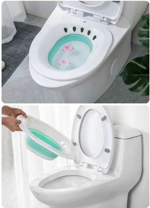 Vas FizioTab® Sitz Bath Pliabil, pentru Baie de Sezut, tip Lighean pentru Wc, Asigura Igiena Locala si Ameliorarea Simptomelor Locale Provocate de Hemoroizi, Alb/Verde cu Irigator Reglabil Albastru [11]