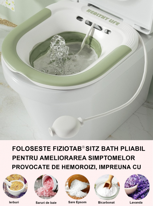 Vas FizioTab® Sitz Bath Pliabil, pentru Baie de Sezut, tip Lighean pentru Wc, Asigura Igiena Locala si Ameliorarea Simptomelor Provocate de Hemoroizi, Carlig si Saculet Depozitare Incluse, Alb/Verde c [3]