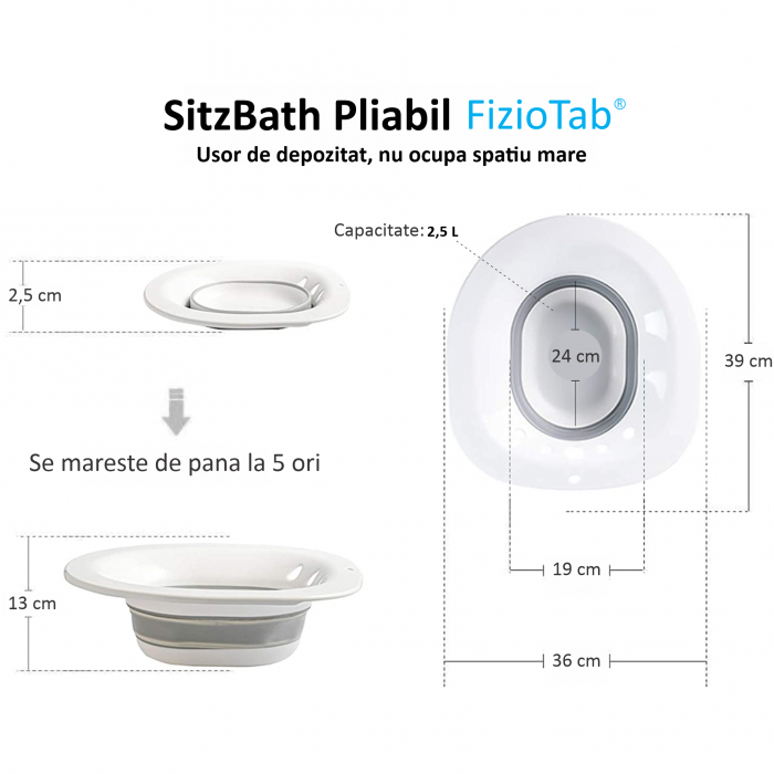Vas FizioTab® Sitz Bath Pliabil, pentru Baie de Sezut, tip Lighean pentru Wc, Asigura Igiena Locala si Ameliorarea Simptomelor Provocate de Hemoroizi, Carlig si Saculet Depozitare Incluse, Alb/Gri cu [11]