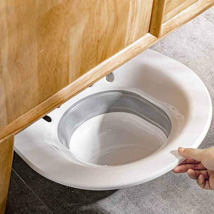 Vas FizioTab® Sitz Bath Pliabil, pentru Baie de Sezut, tip Lighean pentru Wc, Asigura Igiena Locala si Ameliorarea Simptomelor Provocate de Hemoroizi, Carlig si Saculet Depozitare Incluse, Alb/Gri cu [10]