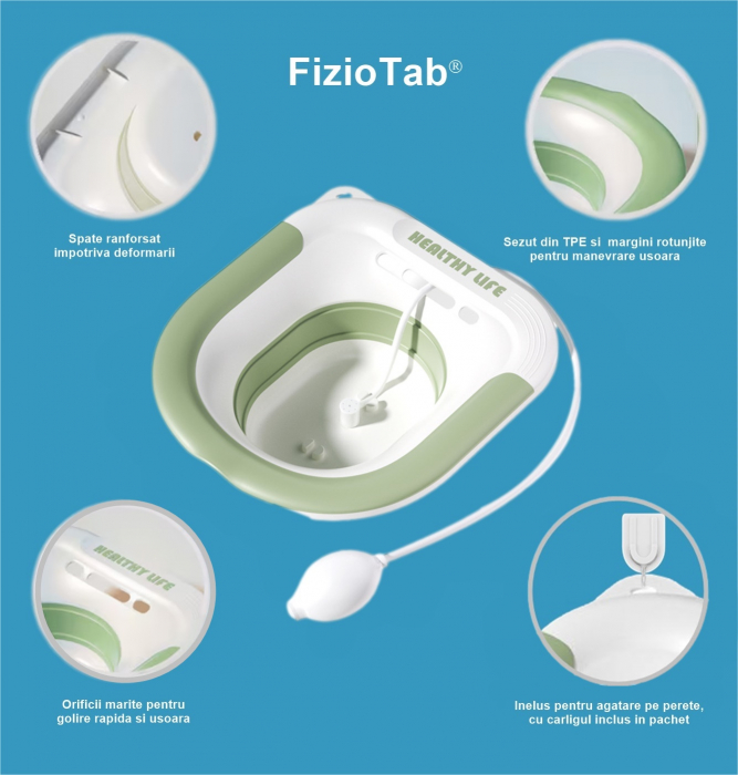 Vas FizioTab® Sitz Bath Pliabil, pentru Baie de Sezut, tip Lighean pentru Wc, Asigura Igiena Locala si Ameliorarea Simptomelor Provocate de Hemoroizi, Carlig si Saculet Depozitare Incluse, Alb/Verde c [5]
