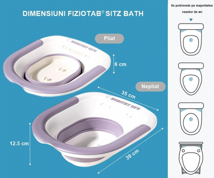 Vas FizioTab® Sitz Bath Pliabil, pentru Baie de Sezut, tip Lighean pentru Wc, Asigura Igiena Locala si Ameliorarea Simptomelor Provocate de Hemoroizi, Carlig si Saculet Depozitare Incluse, Alb/Mov cu [6]