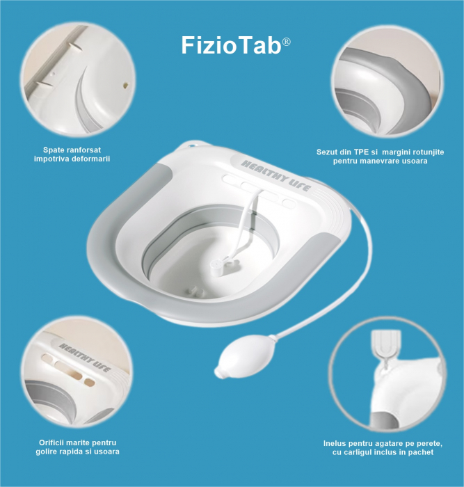Vas FizioTab® Sitz Bath Pliabil, pentru Baie de Sezut, tip Lighean pentru Wc, Asigura Igiena Locala si Ameliorarea Simptomelor Provocate de Hemoroizi, Carlig si Saculet Depozitare Incluse, Alb/Gri cu [3]