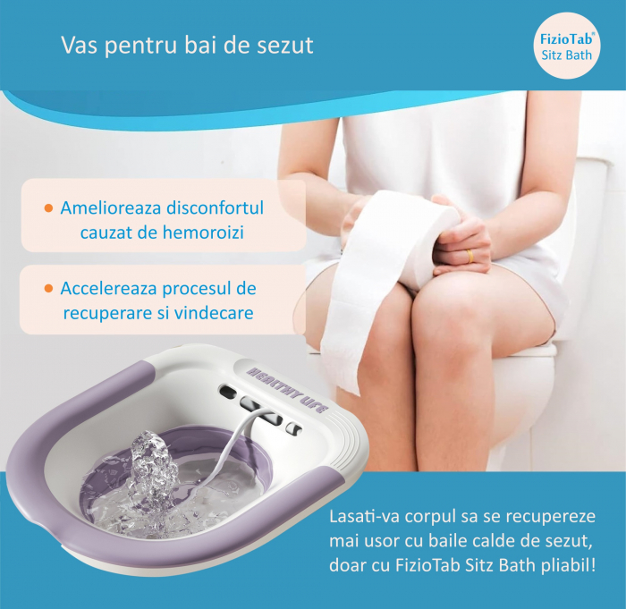 Vas FizioTab® Sitz Bath Pliabil, pentru Baie de Sezut, tip Lighean pentru Wc, Asigura Igiena Locala si Ameliorarea Simptomelor Provocate de Hemoroizi, Carlig si Saculet Depozitare Incluse, Alb/Mov cu [2]
