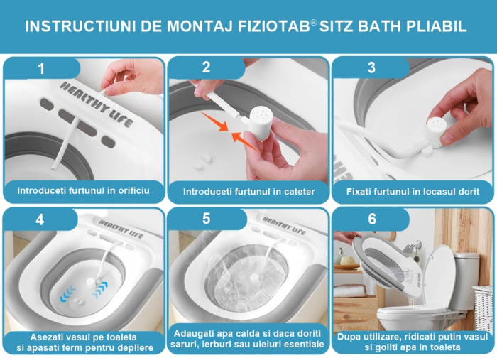 Vas FizioTab® Sitz Bath Pliabil, pentru Baie de Sezut, tip Lighean pentru Wc, Asigura Igiena Locala si Ameliorarea Simptomelor Provocate de Hemoroizi, Carlig si Saculet Depozitare Incluse, Alb/Gri cu [6]