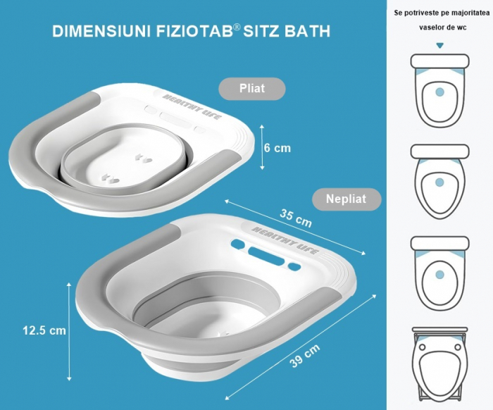 Vas FizioTab® Sitz Bath Pliabil, pentru Baie de Sezut, tip Lighean pentru Wc, Asigura Igiena Locala si Ameliorarea Simptomelor Provocate de Hemoroizi, Carlig si Saculet Depozitare Incluse, Alb/Gri cu [5]