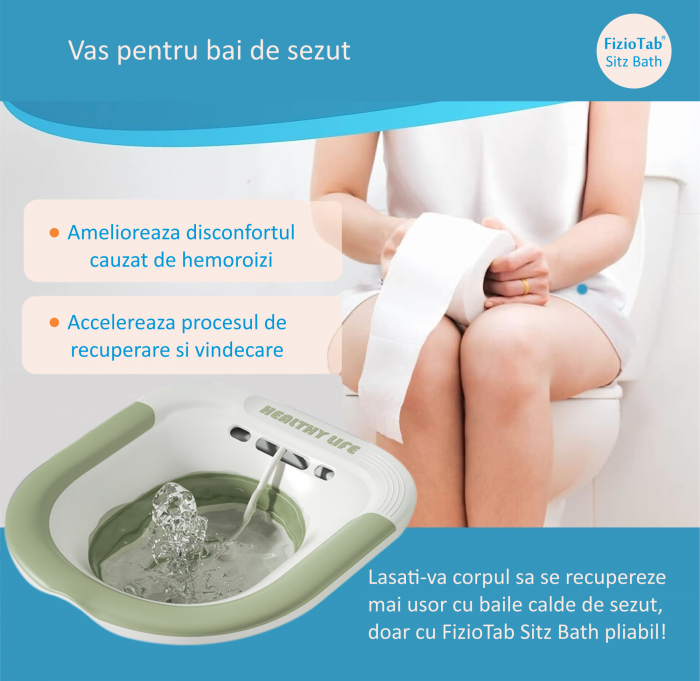 Vas FizioTab® Sitz Bath Pliabil, pentru Baie de Sezut, tip Lighean pentru Wc, Asigura Igiena Locala si Ameliorarea Simptomelor Provocate de Hemoroizi, Carlig si Saculet Depozitare Incluse, Alb/Verde c [2]