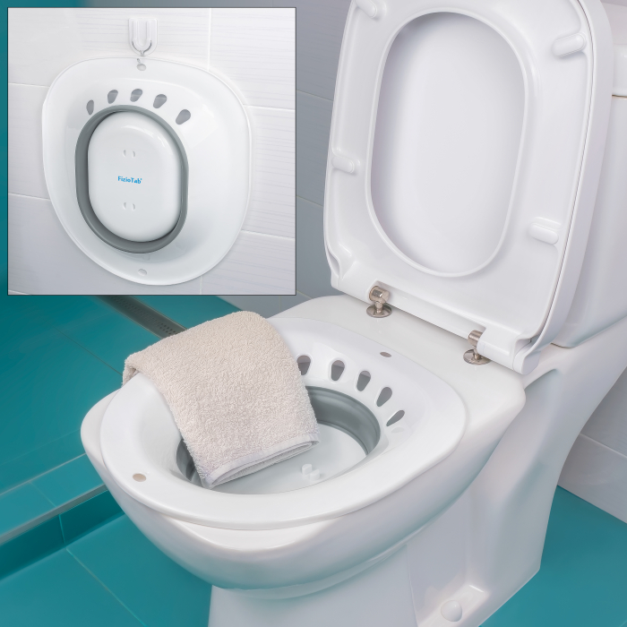 Vas FizioTab® Sitz Bath Pliabil, pentru Baie de Sezut, tip Lighean pentru Wc, Asigura Igiena Locala si Ameliorarea Simptomelor Provocate de Hemoroizi, Carlig si Saculet Depozitare Incluse, Alb/Gri cu [4]