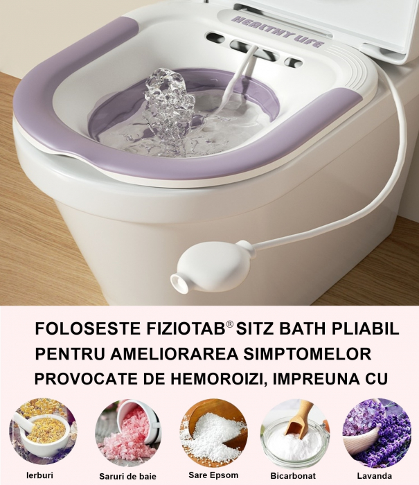Vas FizioTab® Sitz Bath Pliabil, pentru Baie de Sezut, tip Lighean pentru Wc, Asigura Igiena Locala si Ameliorarea Simptomelor Provocate de Hemoroizi, Carlig si Saculet Depozitare Incluse, Alb/Mov cu [3]