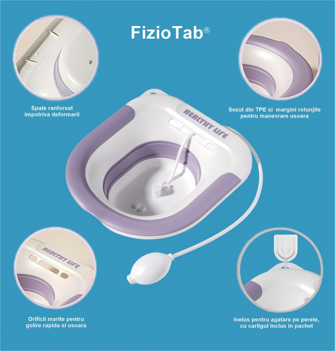 Vas FizioTab® Sitz Bath Pliabil, pentru Baie de Sezut, tip Lighean pentru Wc, Asigura Igiena Locala si Ameliorarea Simptomelor Provocate de Hemoroizi, Carlig si Saculet Depozitare Incluse, Alb/Mov cu [4]