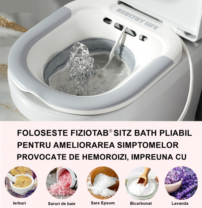 Vas FizioTab® Sitz Bath Pliabil, pentru Baie de Sezut, tip Lighean pentru Wc, Asigura Igiena Locala si Ameliorarea Simptomelor Provocate de Hemoroizi, Carlig si Saculet Depozitare Incluse, Alb/Gri cu [4]
